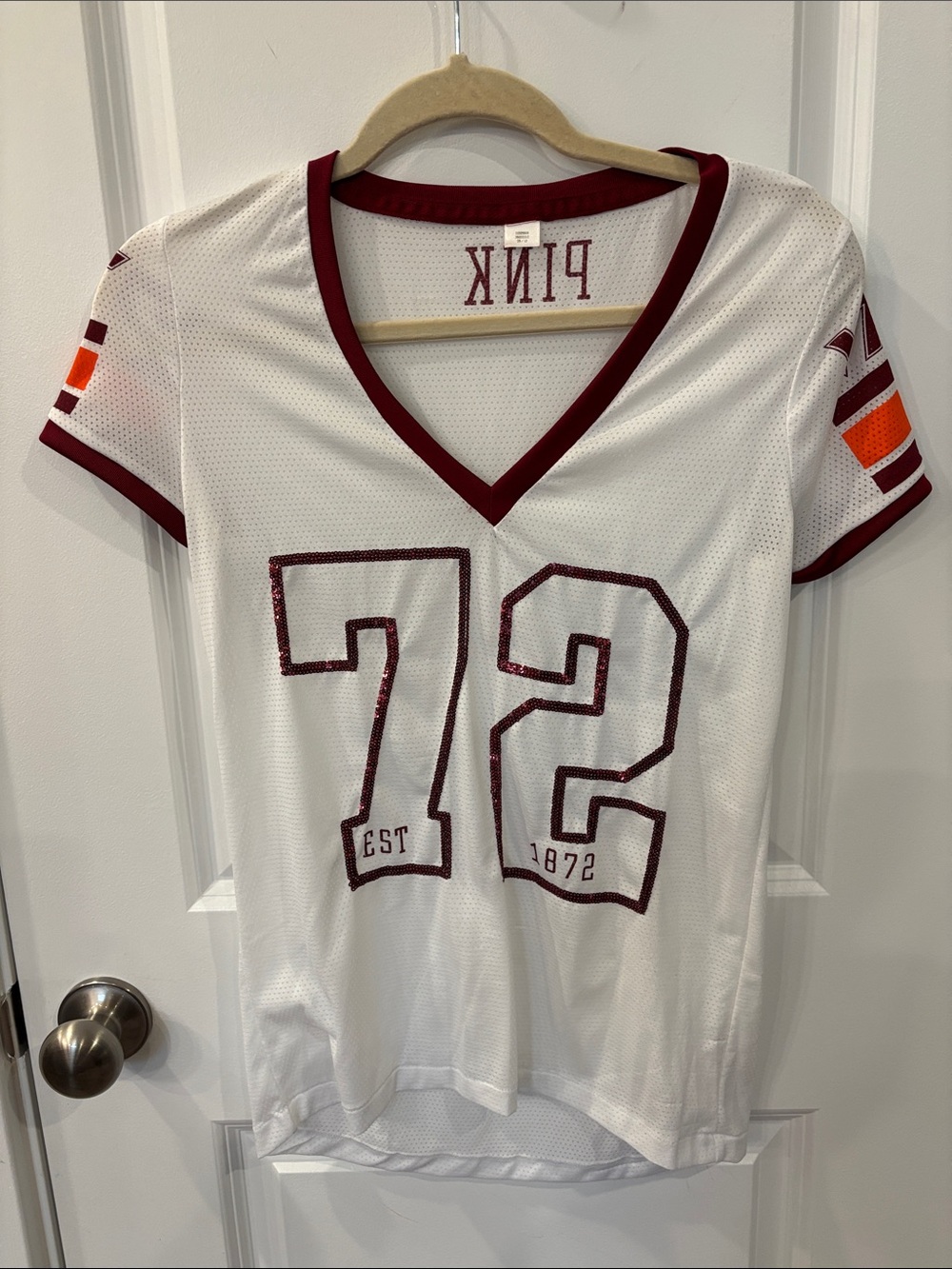 PINK Victoria's Secret White Mesh Jersey with Burgundy Trim and Orange Accents